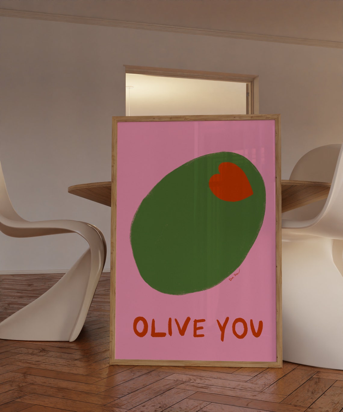 Olive You Fun Food Pun Giant Green Olive Heart Pink Pop Poster - Image 3