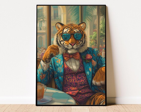 Cool Tiger In Sunglasses And Suit Sipping Coffee At A Cafe Poster
