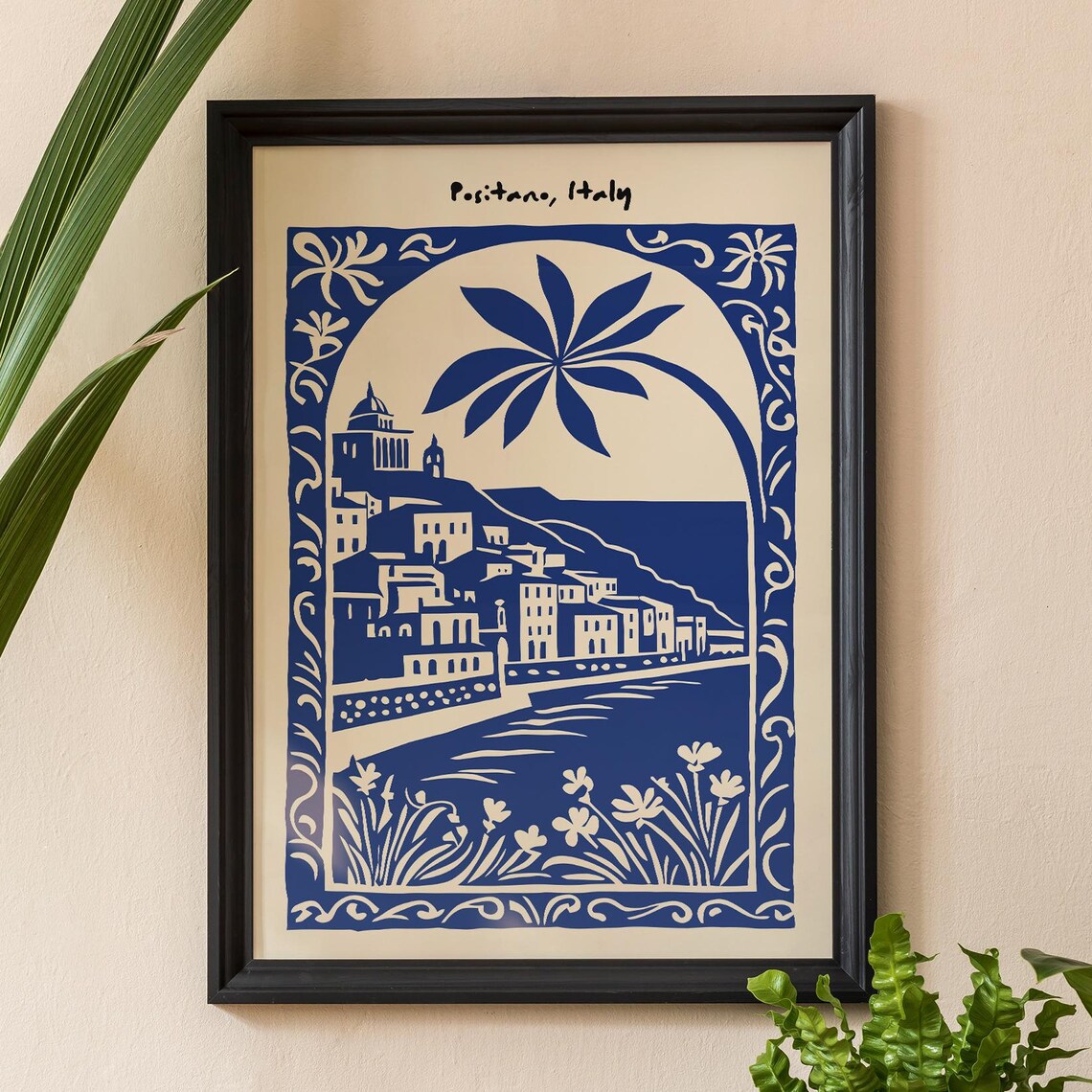 Positano Italy Blue Coastal Town Mediterranean Travel Art Poster