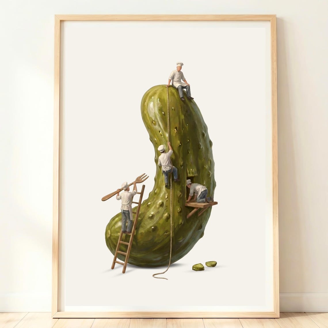 Tiny Chefs Climbing A Giant Pickle With Wooden Fork Whimsical Poster
