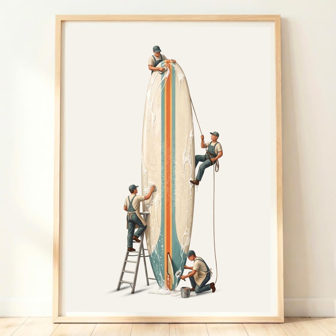 Giant Vintage Surfboard Wash Tiny Workers Whimsical Coastal Art Poster