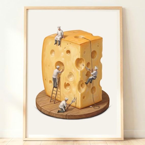 Giant Swiss Cheese Block Tiny Chefs Whimsical Kitchen Poster