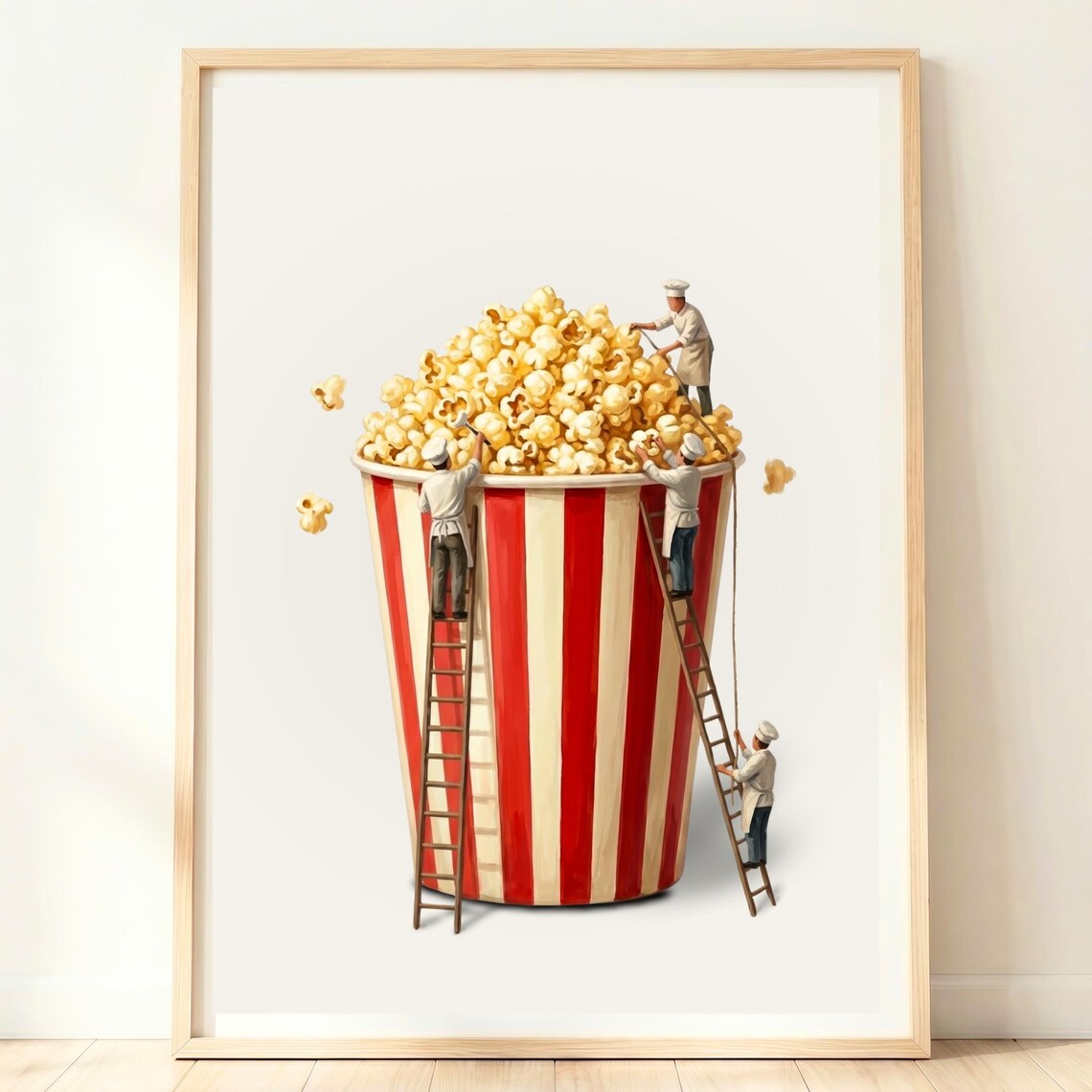Giant Striped Popcorn Bucket Filled by Tiny Workers Whimsical Cinema Poster