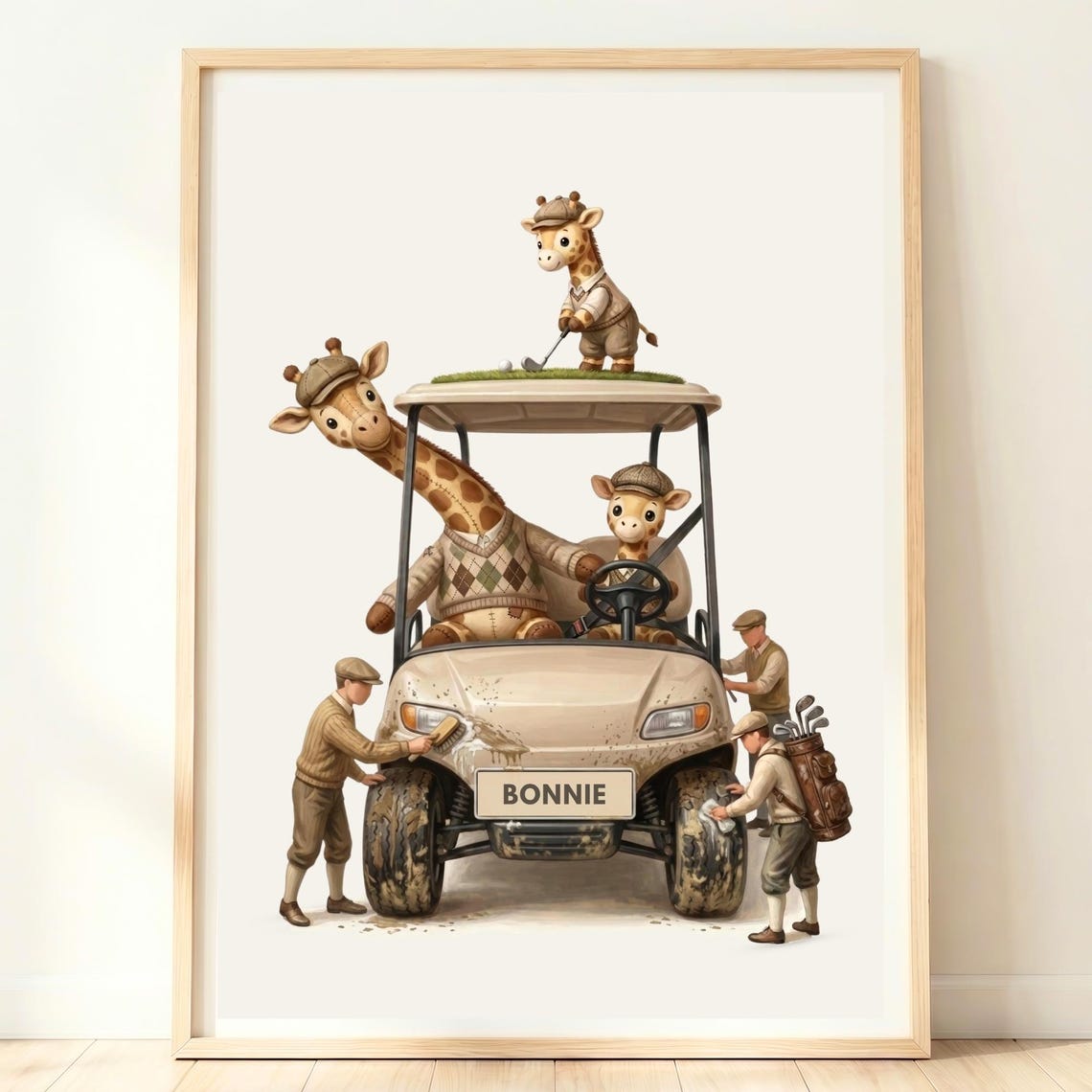 Bonnie Golf Cart With Giraffes Playing Golf Personalized Nursery Wall Art