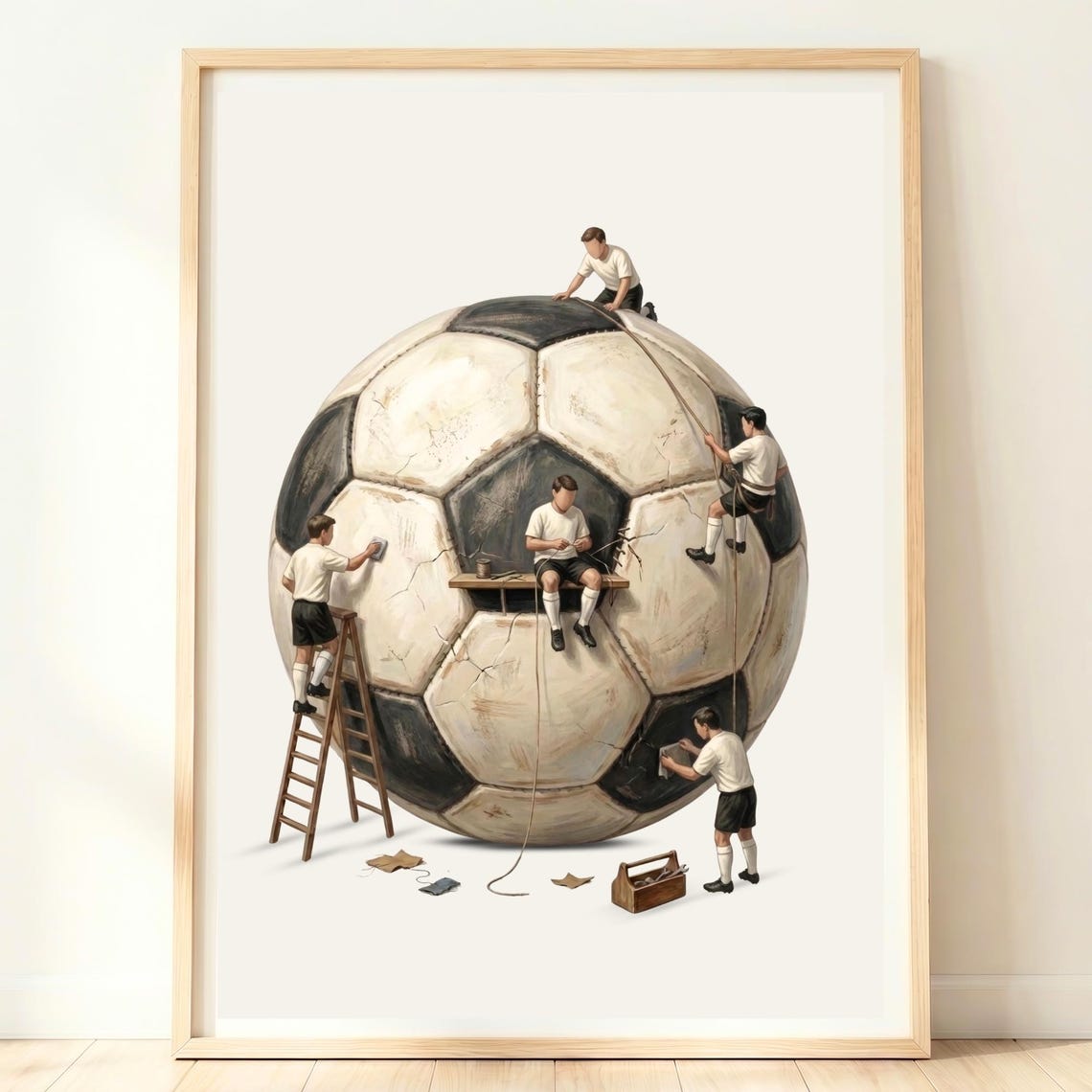 Giant Soccer Ball Miniature Workers Repairing Vintage Ball Art Poster
