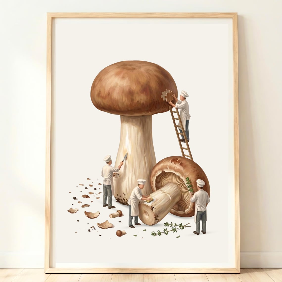 Giant Porcini Mushrooms With Tiny Chefs Whimsical Fungi Kitchen Poster