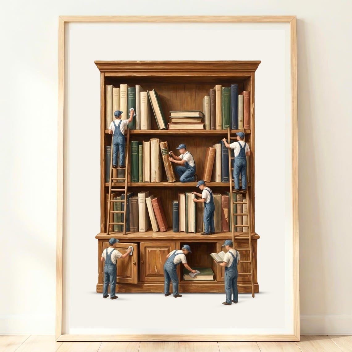 Tiny Workers Giant Bookcase Whimsical Library Book Lover Poster