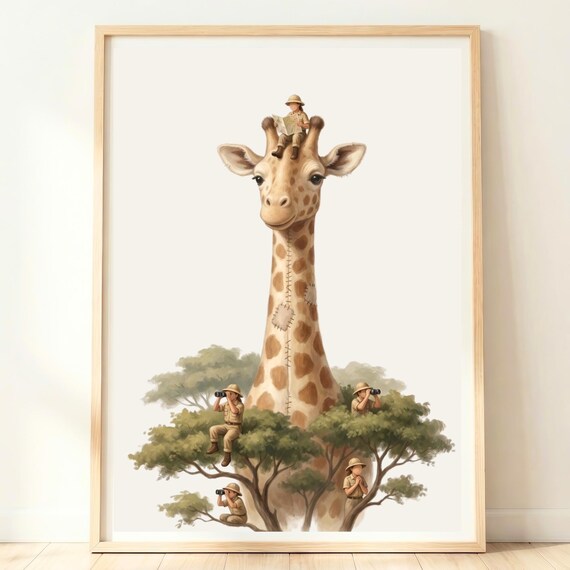Giant Giraffe With Tiny Explorers Safari Kids Nursery Poster