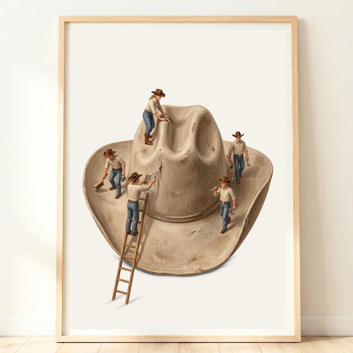 Miniature Cowboys Polishing Giant Cowboy Hat Western Decor Poster
