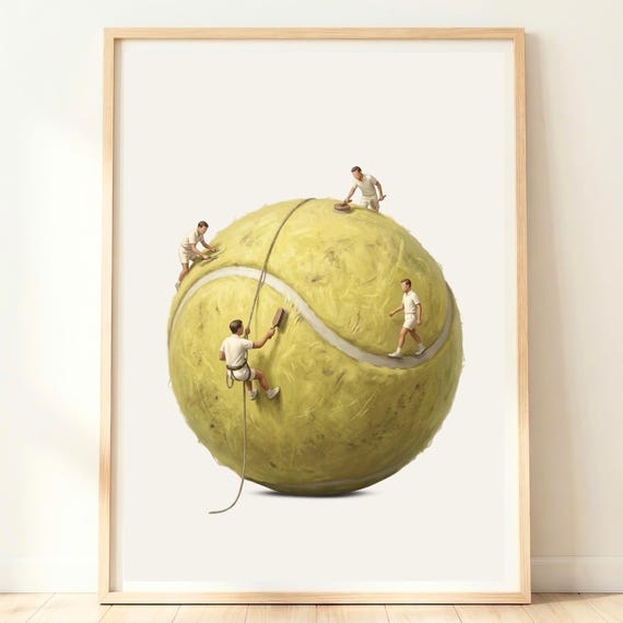 Giant Tennis Ball Tiny Players Polishing Whimsical Sports Room Poster