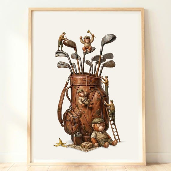 Vintage Golf Bag Tiny Monkeys Whimsical Nursery Sports Poster