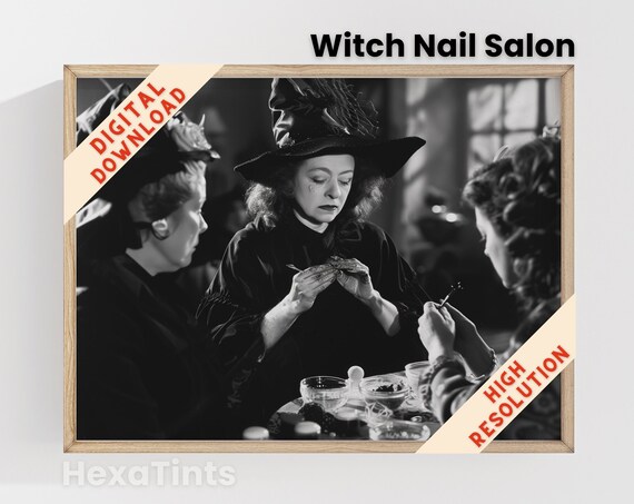 Vintage Witch Nail Salon Photo Eclectic Black And White Halloween Art Print