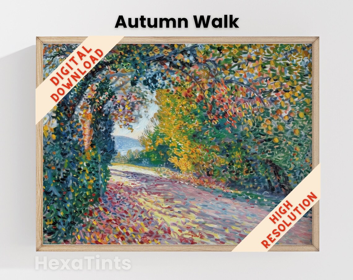 Autumn Forest Path Painting Vivid Fall Foliage Sunlit Woods Art Poster