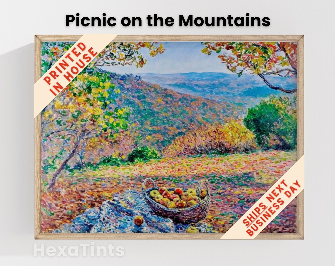 Mountain Picnic Autumn Vista Painting Colorful Fall Foliage Art Poster