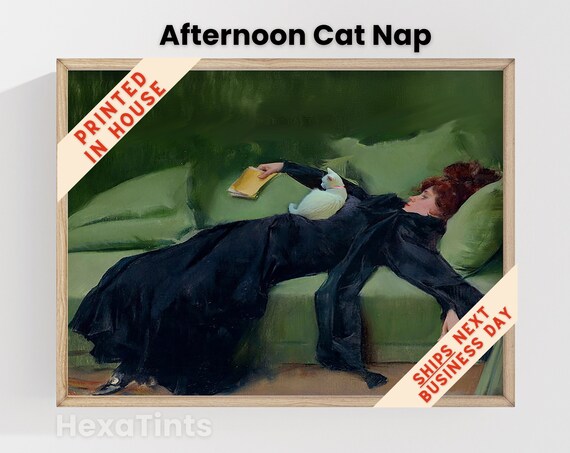 Afternoon Cat Nap Vintage Painting Altered Art Woman With Cat Art Print