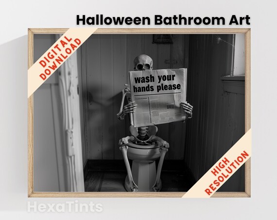 Funny Skeleton Wash Your Hands Please Black White Bathroom Poster
