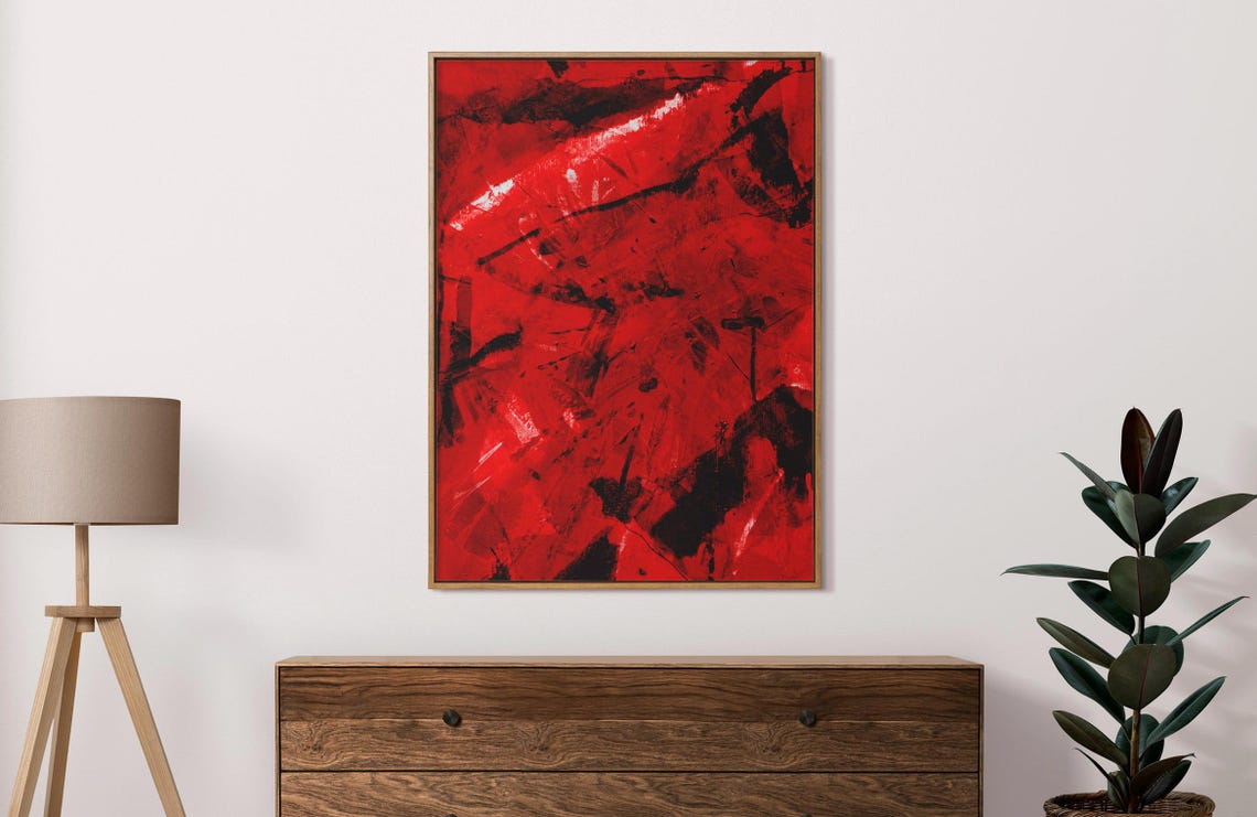 A High Contrast Abstract Watercolor Painting Saturated Red Bold Black And Subtle White Accents Art - Image 3
