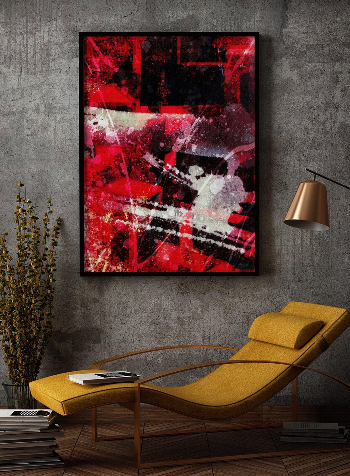 Abstract Geometric Painting Acrylic On Paper Red White Black Lines And Strokes Art Abstract Print - Image 2