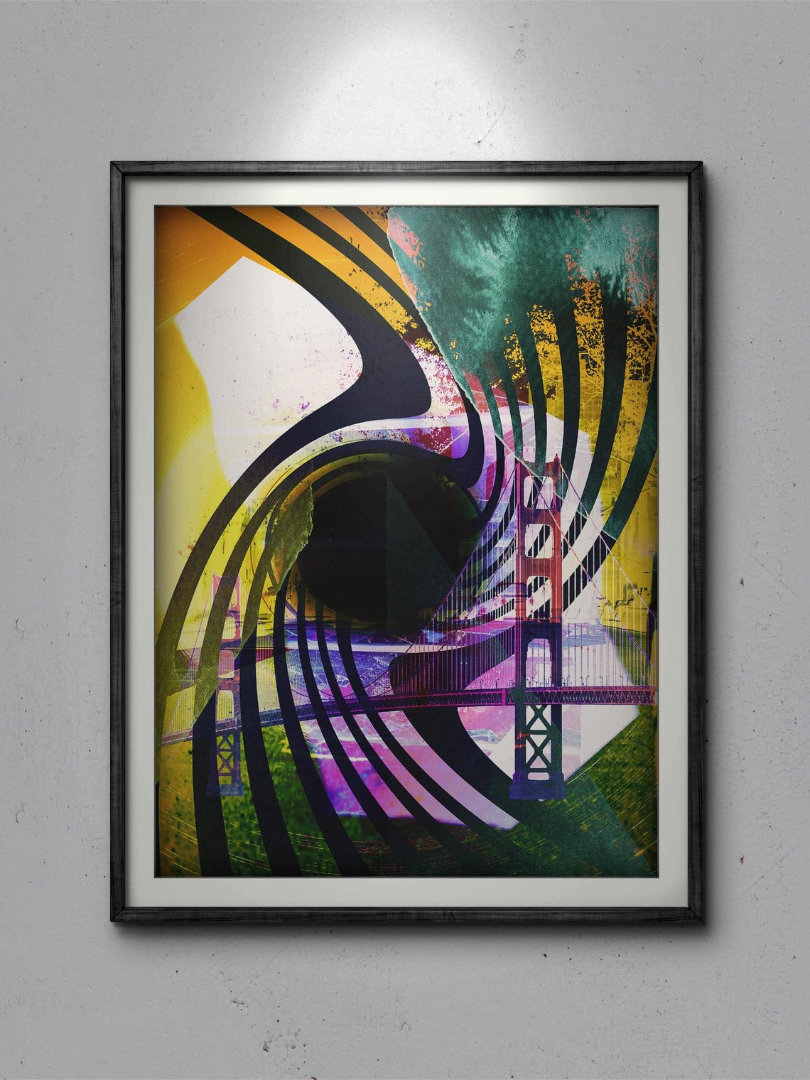 Abstract Photography Collage With Black Geometric Streaks A Retro Style Sci Fi Composition Of A Black Hole Over A Bridge - Image 3
