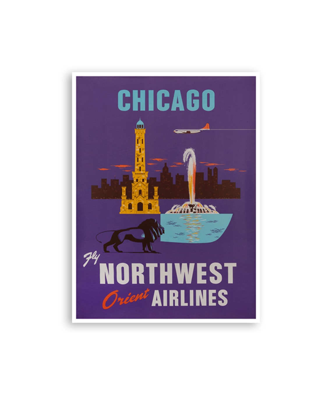 Chicago Fly Northwest Orient Airlines Vintage Skyline Poster