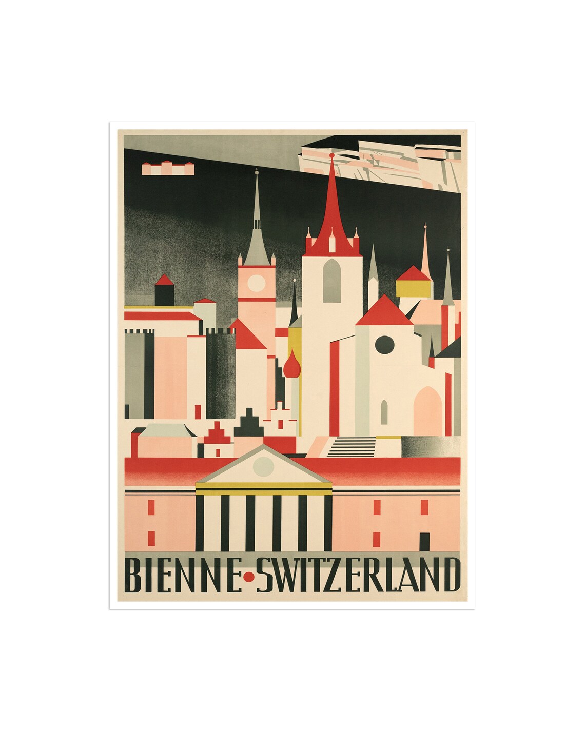 Bienne Switzerland Art Deco City Towers Vintage Swiss Travel Poster