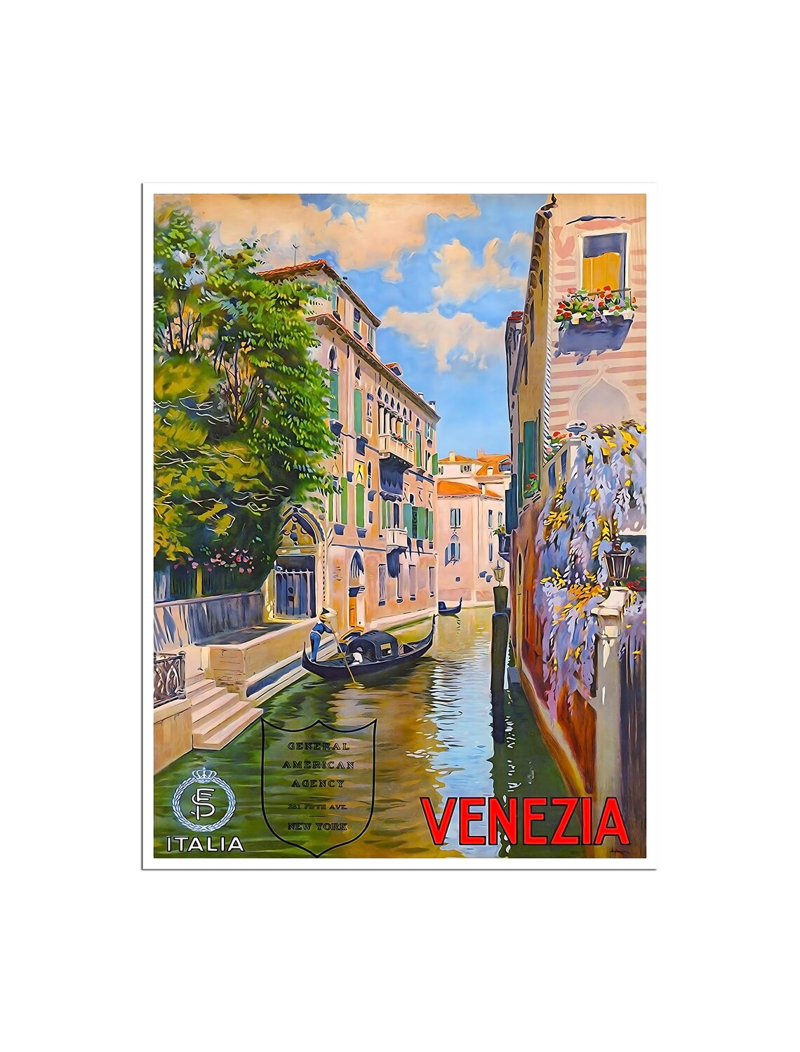 Venezia Italia Vintage Gondola Canal ENIT General Agency Travel Poster