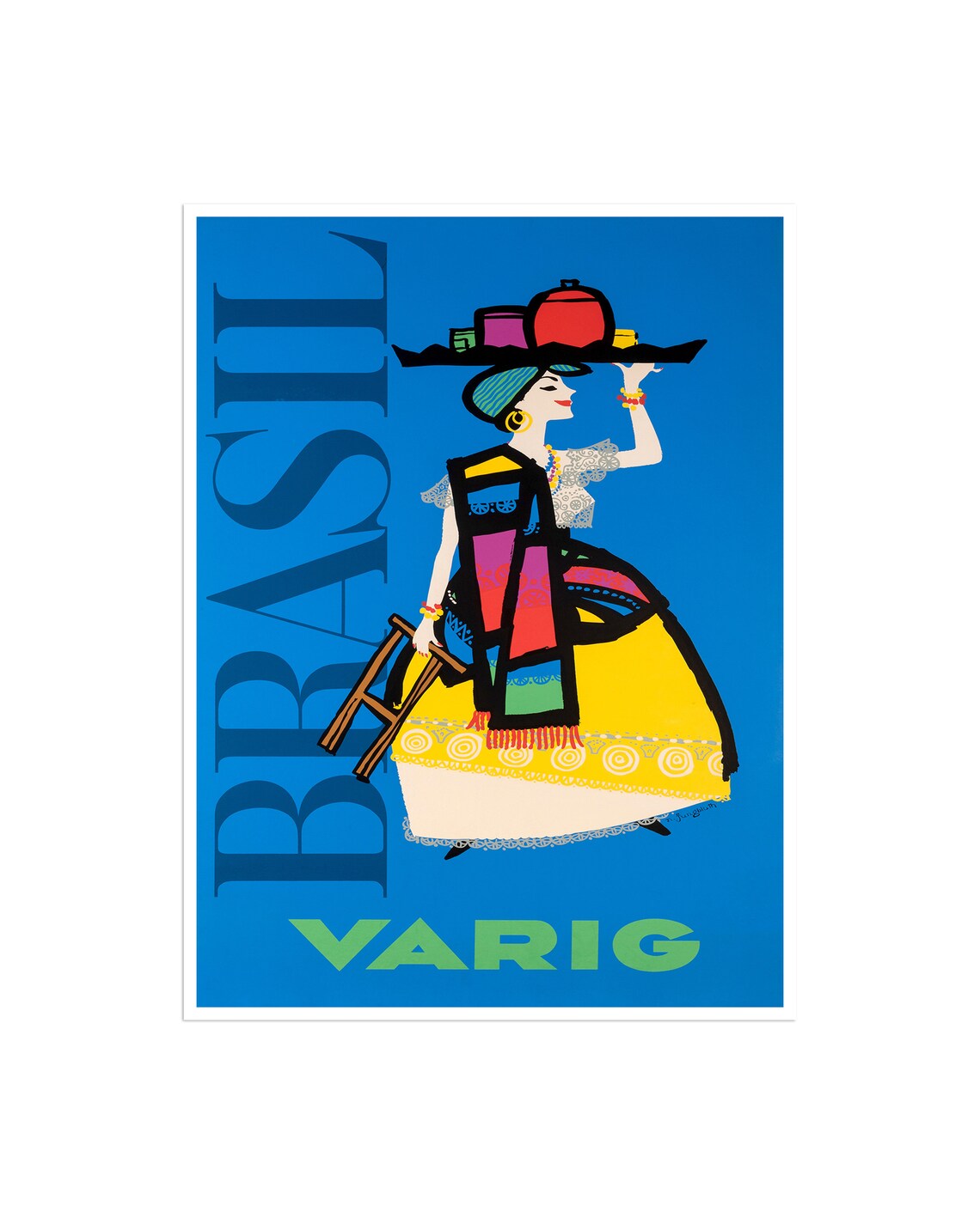 Visit Brasil Varig Vintage Woman With Tray Airline Travel Poster