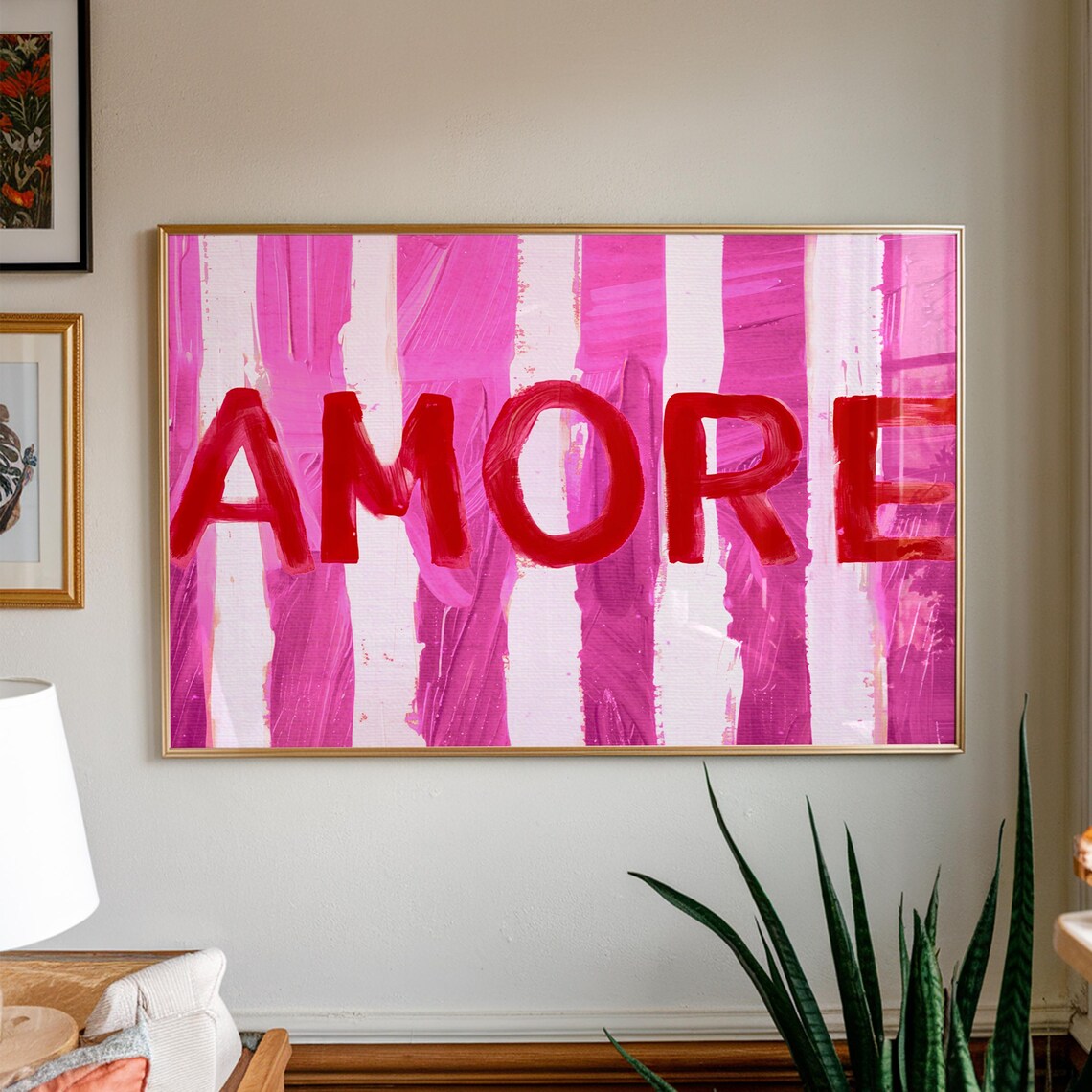 Amore Red Painted Typography on Pink Stripes Love Wall Poster