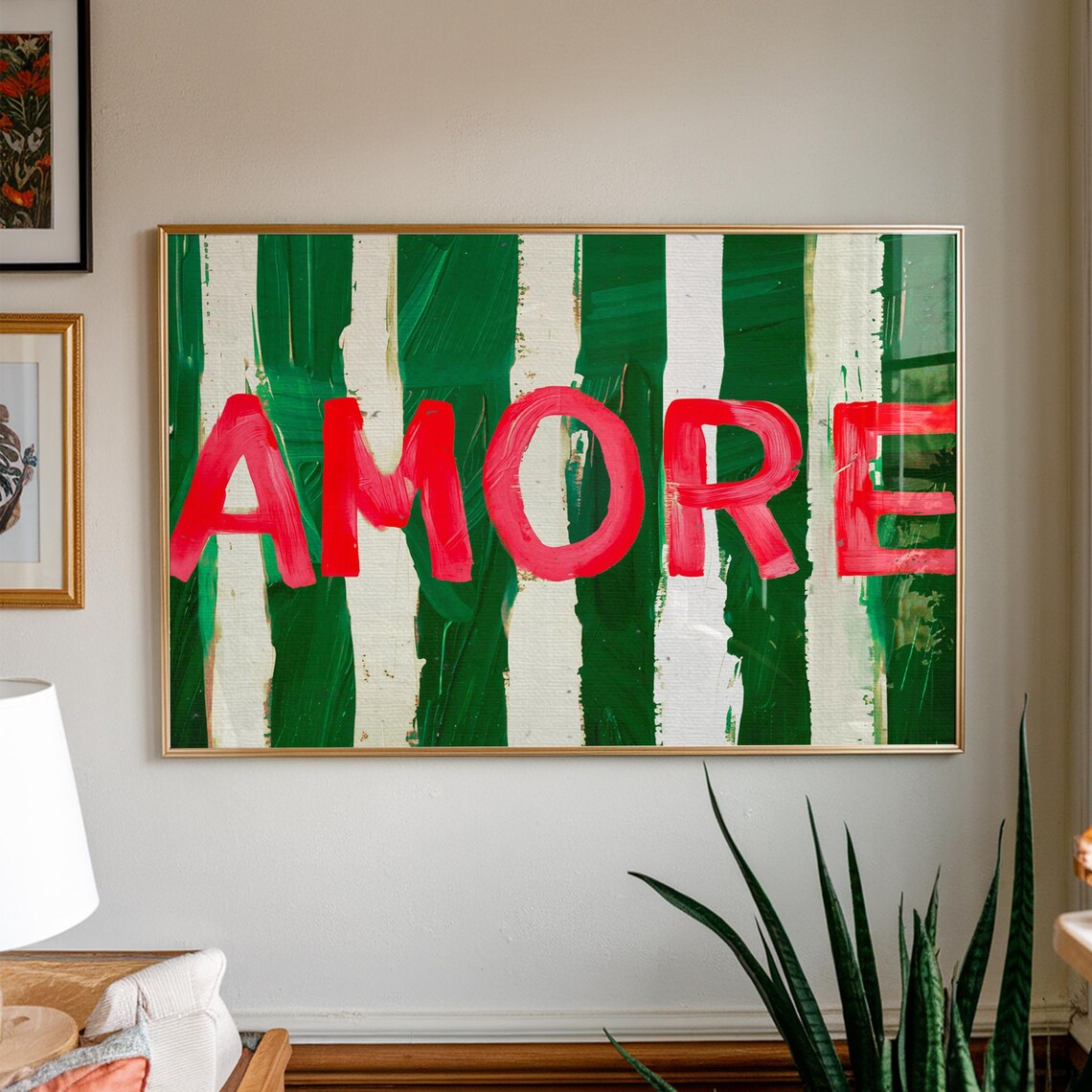Amore Love Red Typography Green Stripe Italian Kitchen Decor Poster