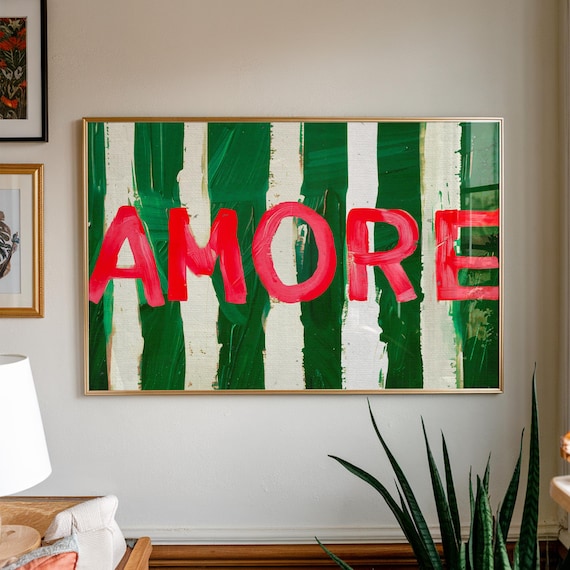 Amore Love Red Typography Green Stripe Italian Kitchen Decor Poster