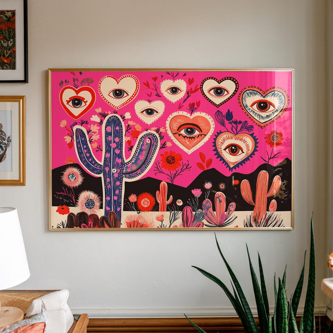 Surreal Pink Cactus With Evil Eye Hearts Desert Boho Wall Art