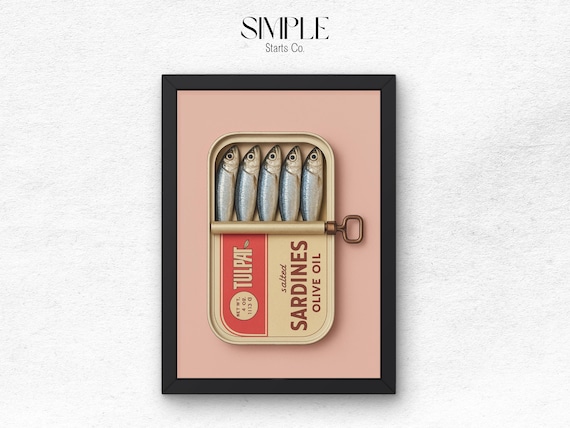 Vintage Tulpat Sardines Olive Oil Tin Pink Kitchen Art Poster