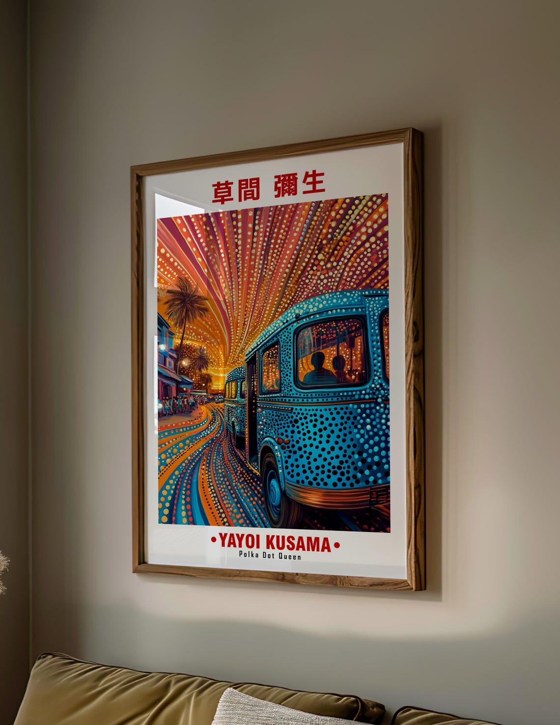 Blue Bus Street Palm Trees Sunset Yayoi Kusama Inspired Poster - Image 2