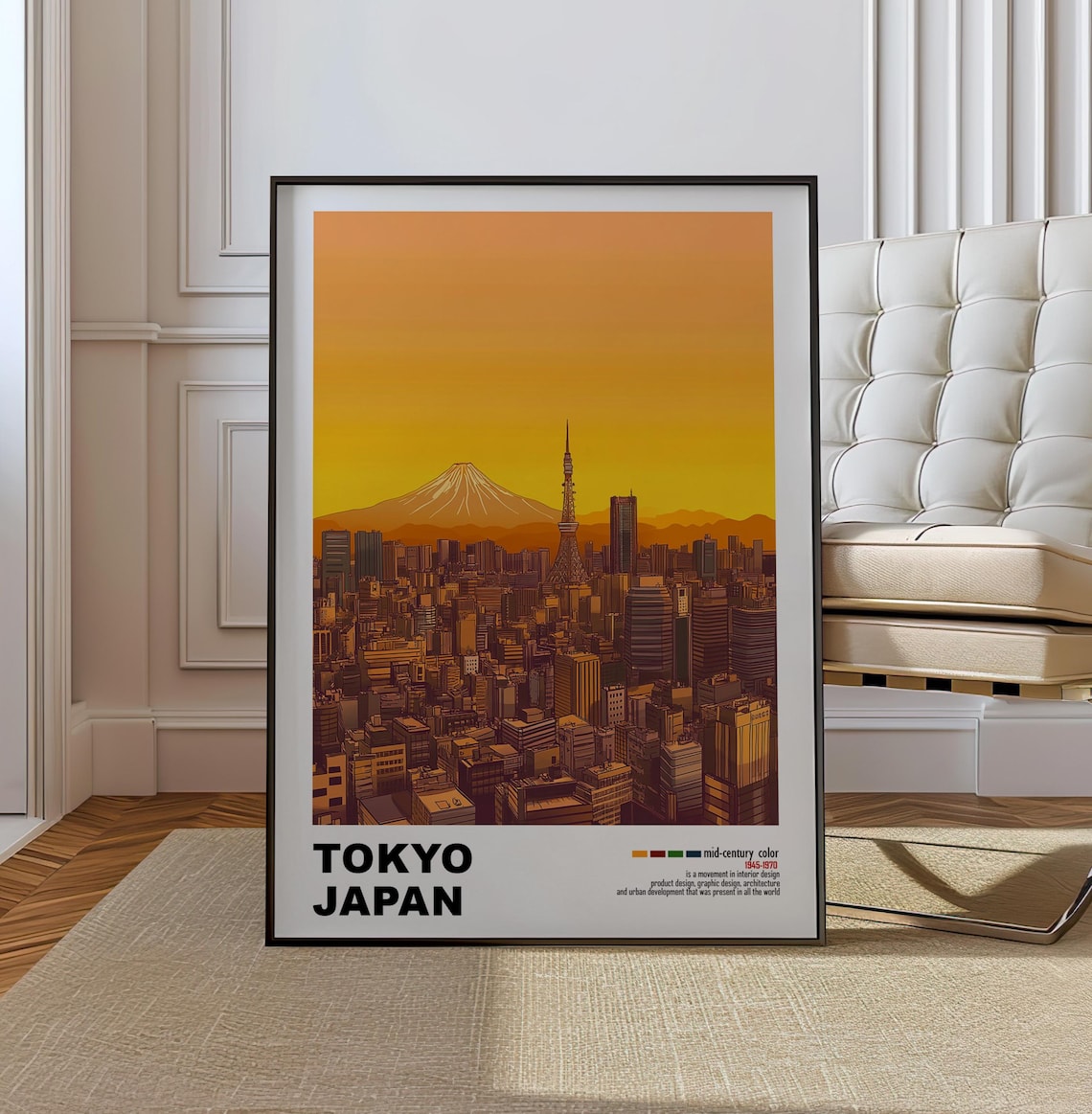 Tokyo Japan Mount Fuji Golden Sunset Skyline Mid Century Poster
