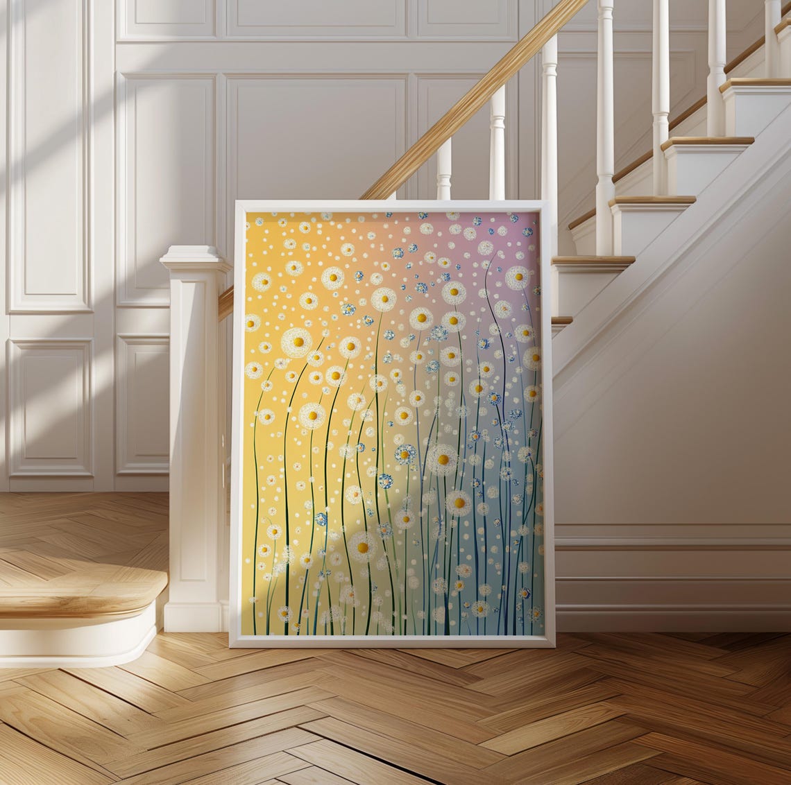 Dreamy White Daisy Meadow on a Yellow Gradient Dot Art Poster - Image 2