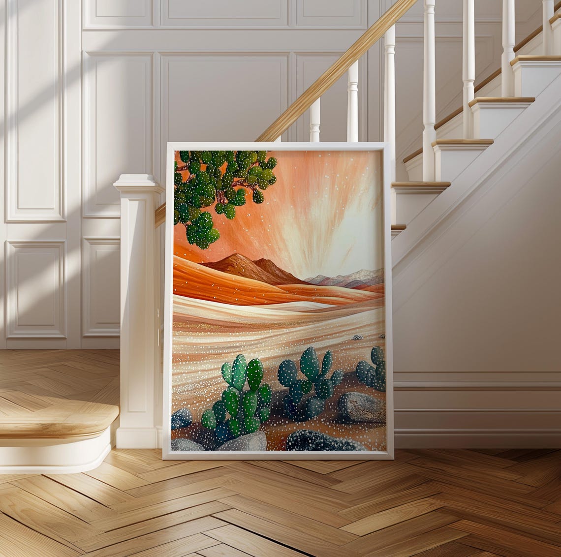 Vibrant Prickly Pear Cactus Desert at Orange Sunset Art Poster - Image 2