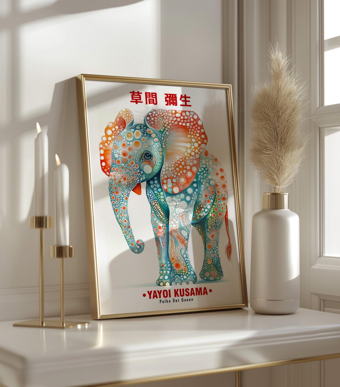 Yayoi Kusama-Inspired Teal Orange Polka Dot Elephant Art Poster - Image 3