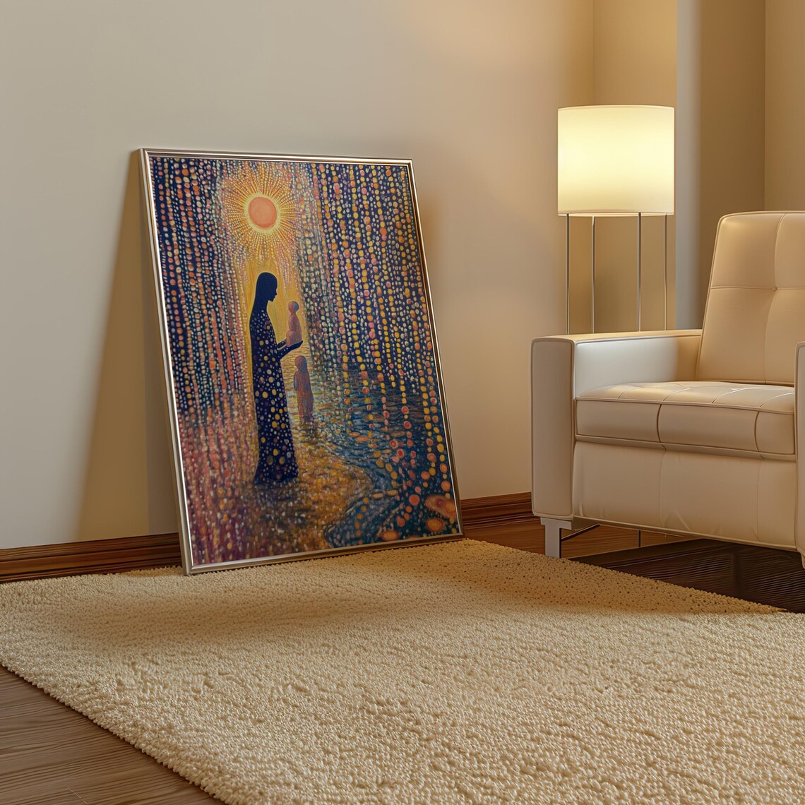 Mother and Child in a Golden Rain of Dots Kusama Style Poster - Image 3