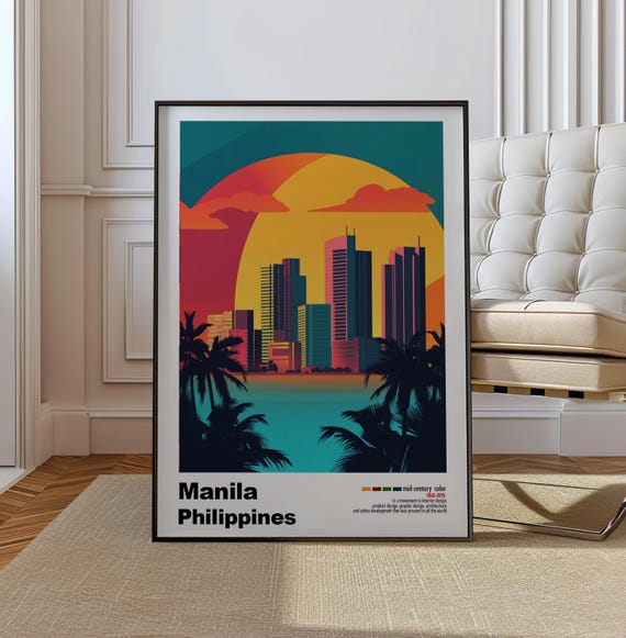 Manila Philippines Mid Century Modern Architecture Art Print Retro Minimalist City Poster With Geometric Design Bold Mid Century Print