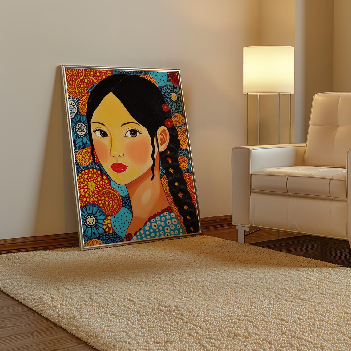 Portrait of a Woman with a Braid in Bold Polka Dot Floral Poster - Image 3