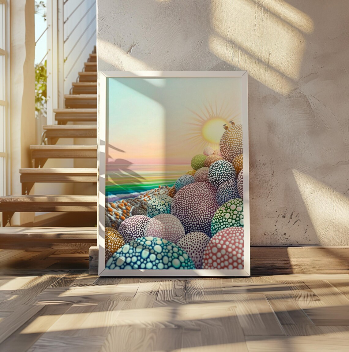 Colorful Polka Dot Rocks Piled by the Sea at Pastel Sunset Poster