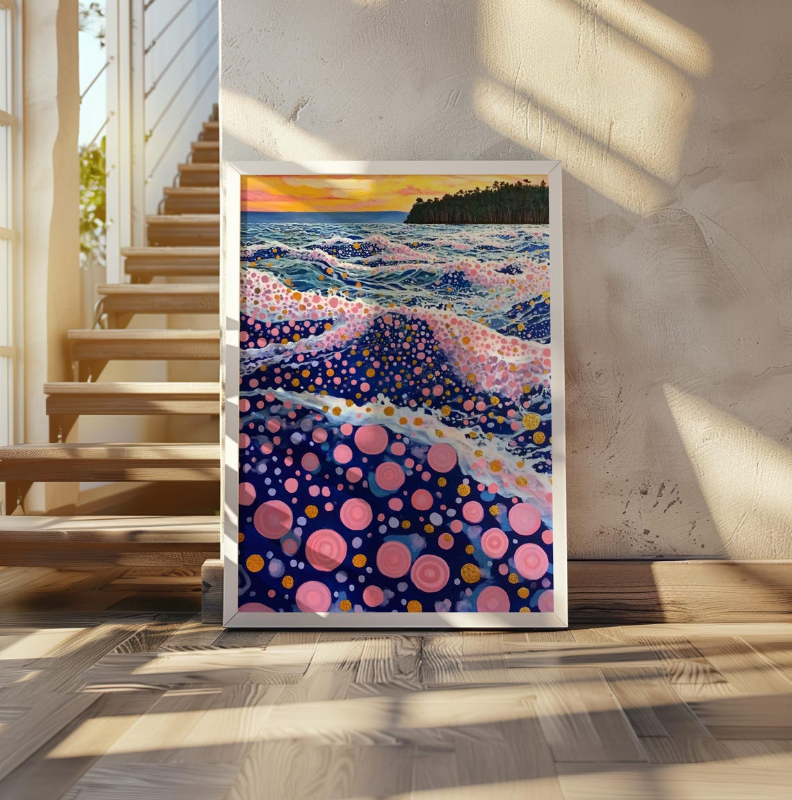 Kusama Inspired Dotted Sunset Tide Pink Wave Breaking Poster