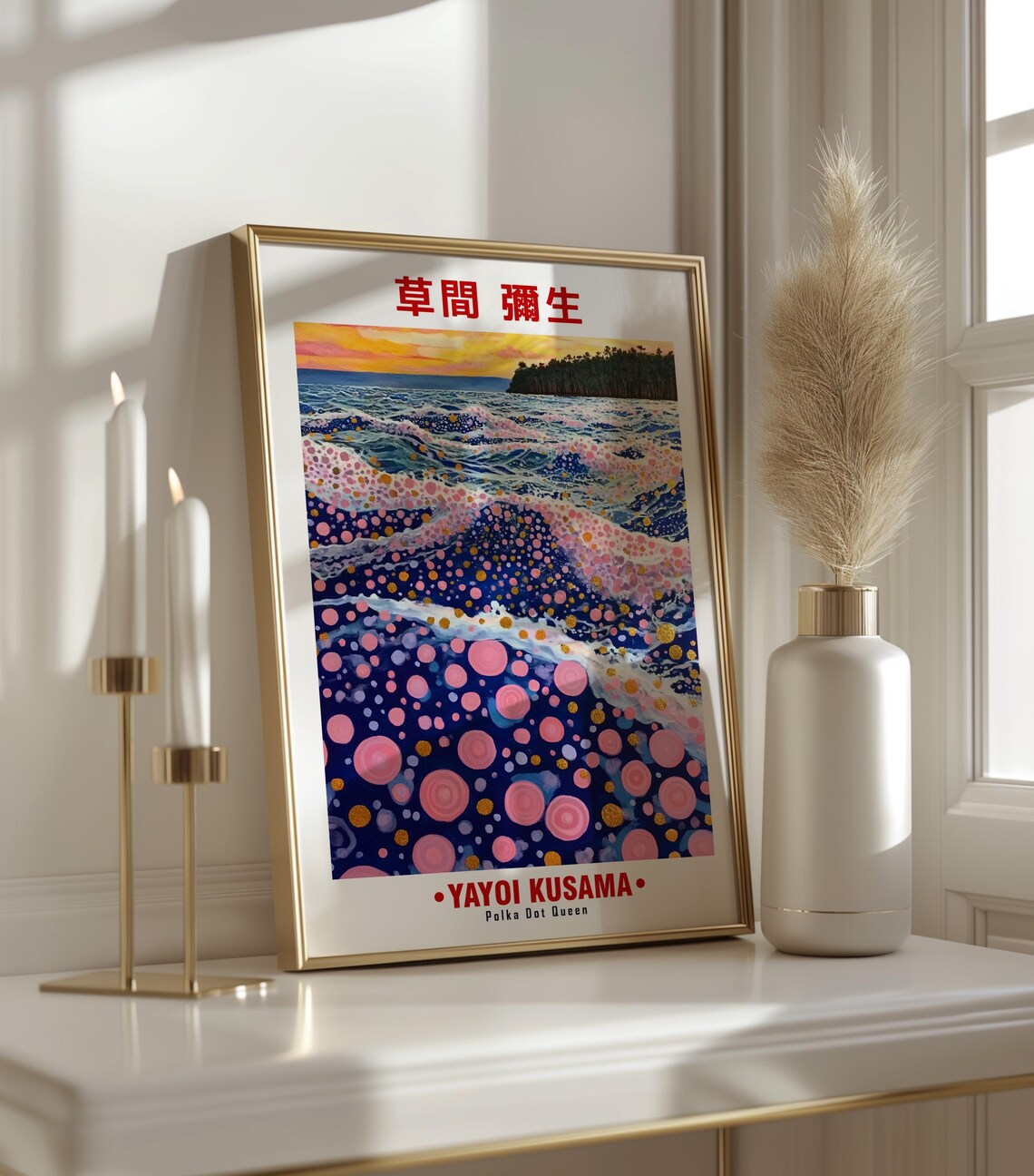 Yayoi Kusama Inspired Great Ocean Wave at Sunset Dot Art Poster - Image 3