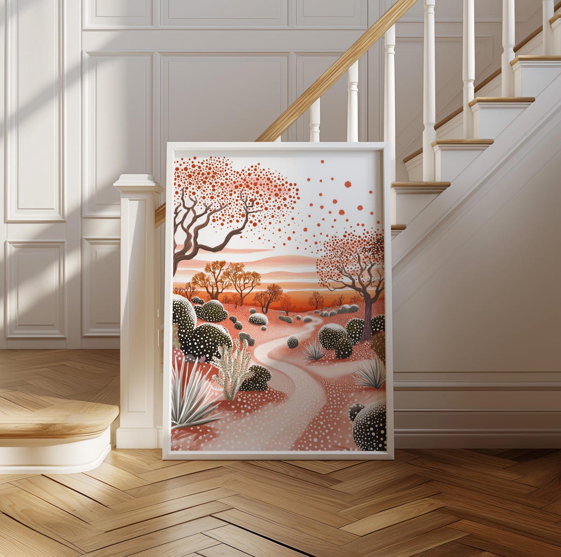 Serene Winding Path Through Pink Dotted Desert Bushland Art Poster - Image 2