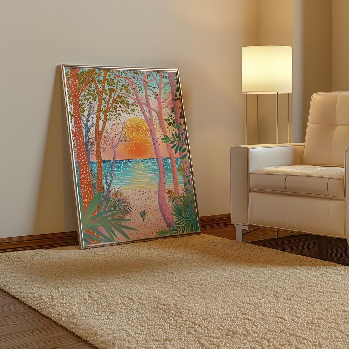 Vibrant Tropical Sunset Beach Seen Through Dotted Trees Art Poster - Image 3