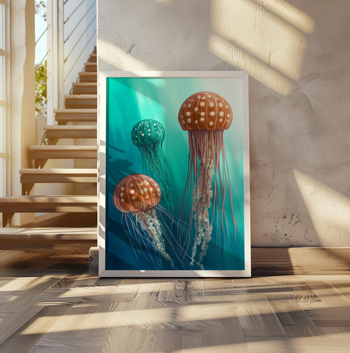 Kusama Inspired Three Jellyfish Amber Teal Dotted Trio Poster