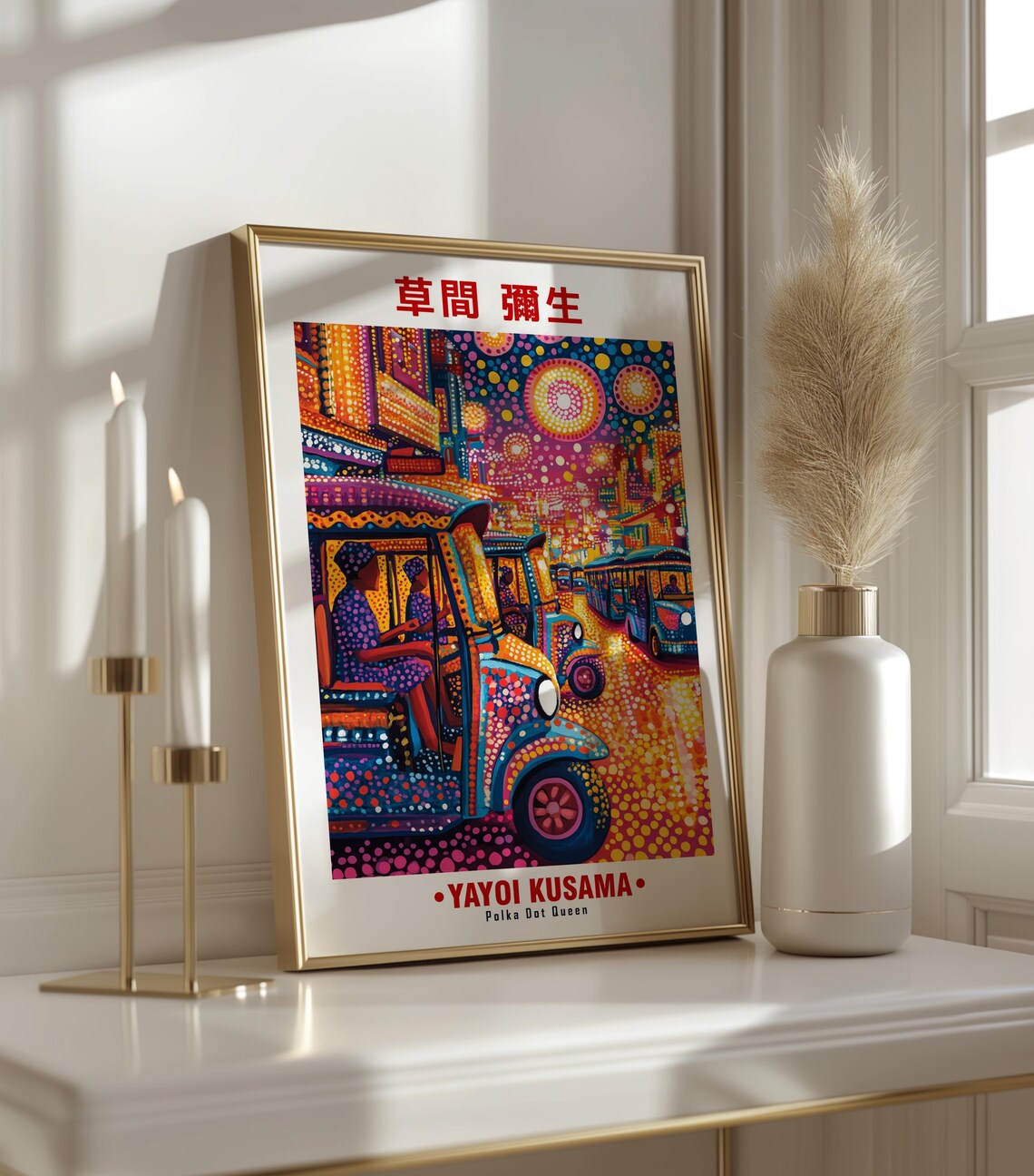 Yayoi Kusama-Inspired Neon City Night Tuk Tuk Street Art Poster - Image 3