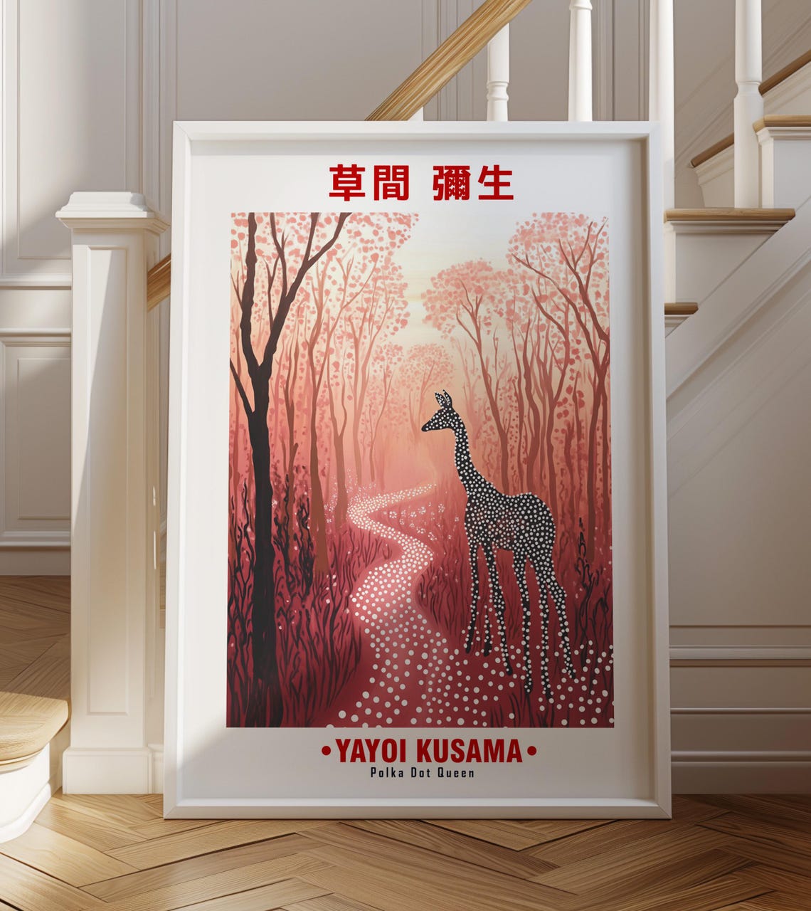 White Spotted Deer Walking Red Forest Path Kusama Inspired Poster