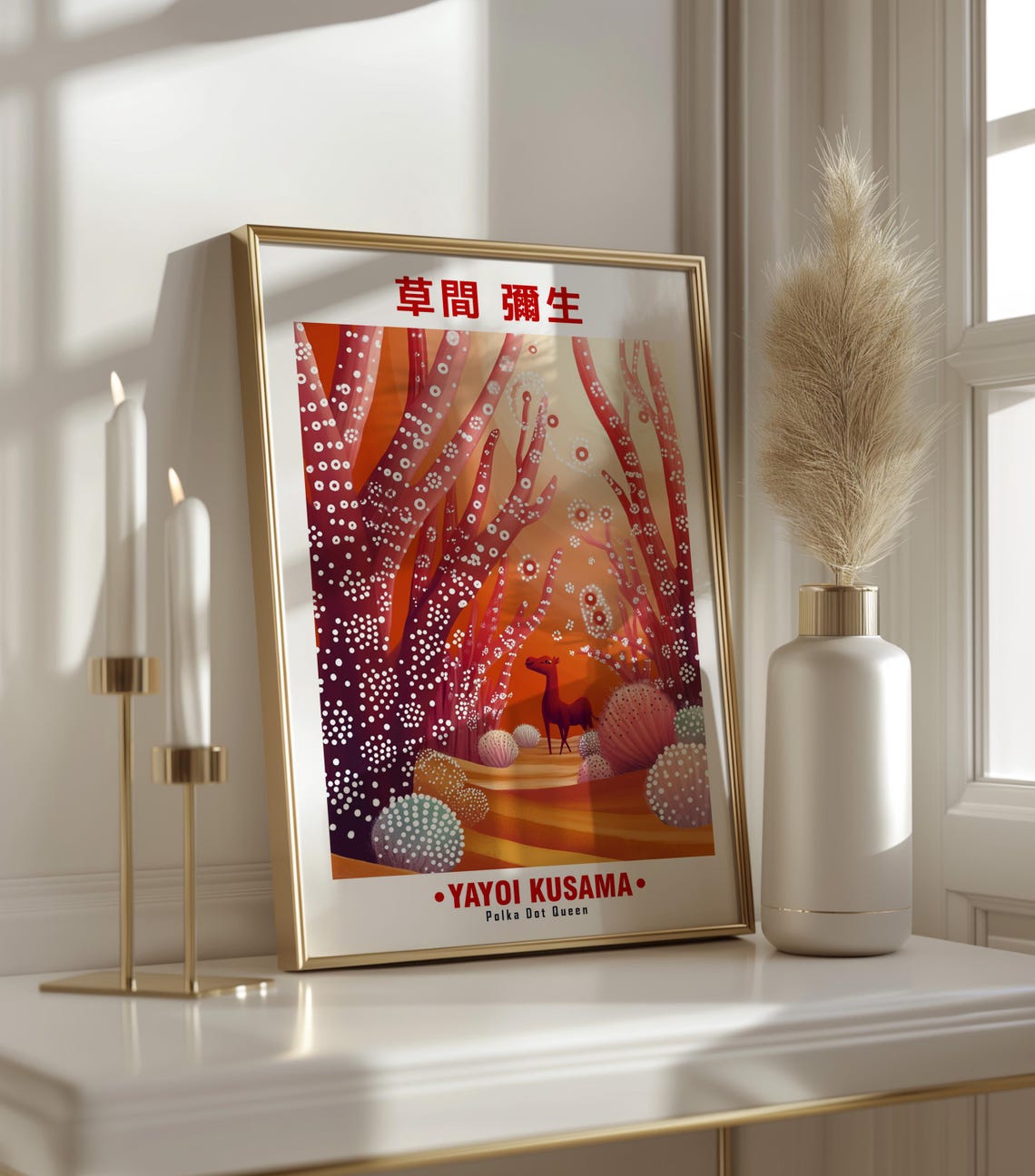 Enchanted Deer Red Dotted Trees Orange Sky Kusama Inspired Poster - Image 3