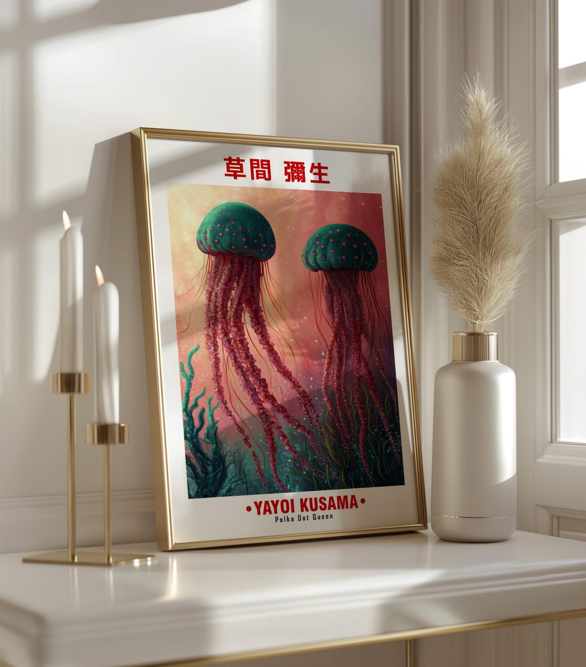 Yayoi Kusama Inspired Green Spotted Jellyfish Pair Art Poster - Image 3
